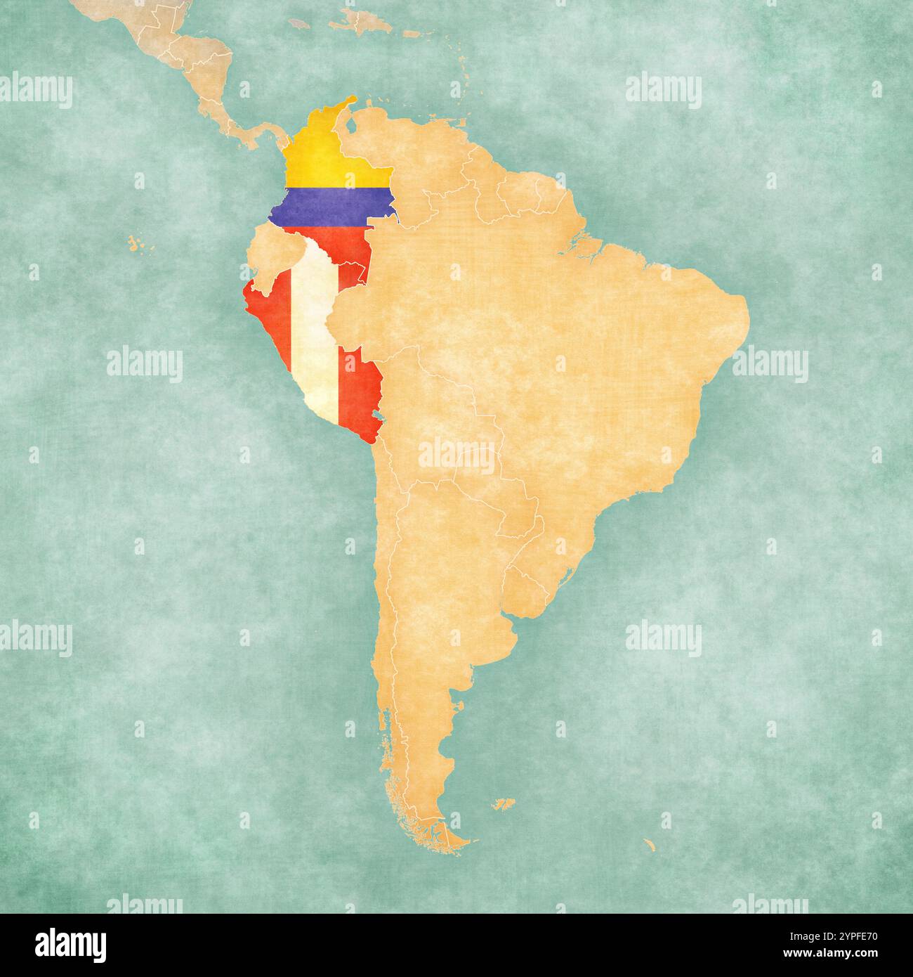 La Colombie et le Pérou sur la carte de l'Amérique du Sud dans un style grunge doux et vintage, comme du vieux papier avec de la peinture à l'aquarelle. Banque D'Images