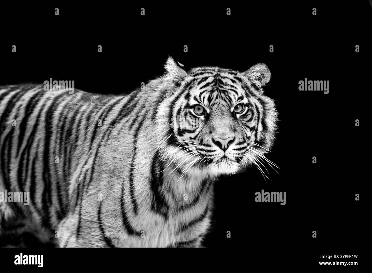 Le tigre est la plus grande espèce de chat vivant et un membre du genre Panthera. Il est plus reconnaissable pour ses rayures verticales foncées sur la fourrure orange wi Banque D'Images