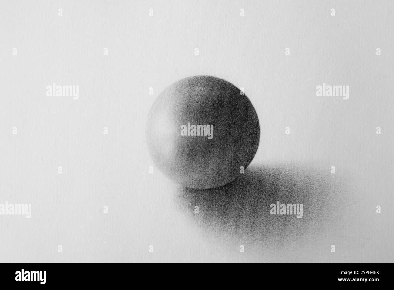 Un dessin minimaliste au crayon d'une sphère mettant en valeur sa surface lisse et son ombrage réaliste. L’œuvre met l’accent sur l’interaction entre la lumière et le shado Banque D'Images
