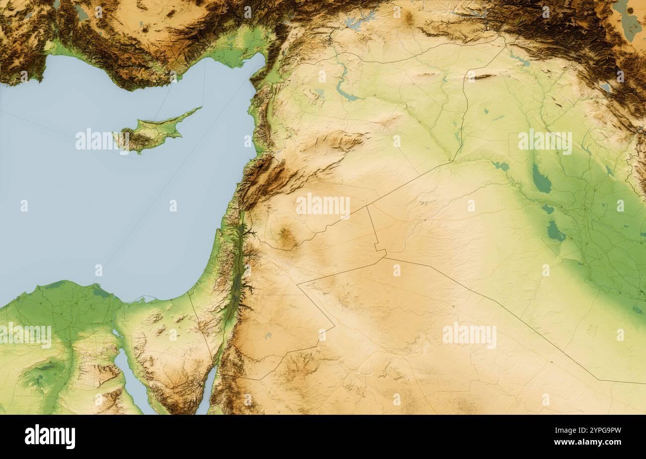 Carte physique du monde, vue satellite du moyen-Orient, Asie. Liban, Israël et Syrie. Reliefs et océans. rendu 3d. Banque D'Images