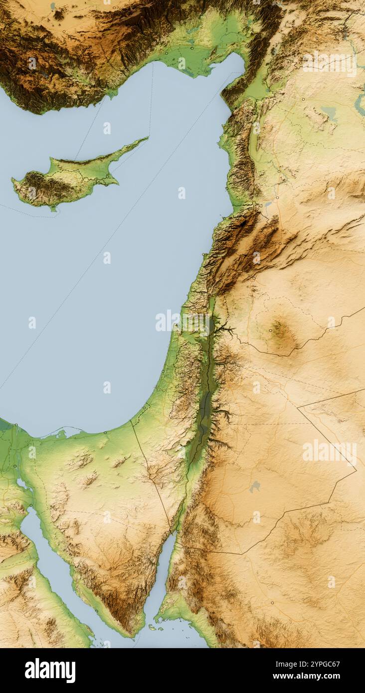 Carte physique du monde, vue satellite du moyen-Orient, Asie. Liban, Israël et Syrie. Reliefs et océans. rendu 3d. Banque D'Images