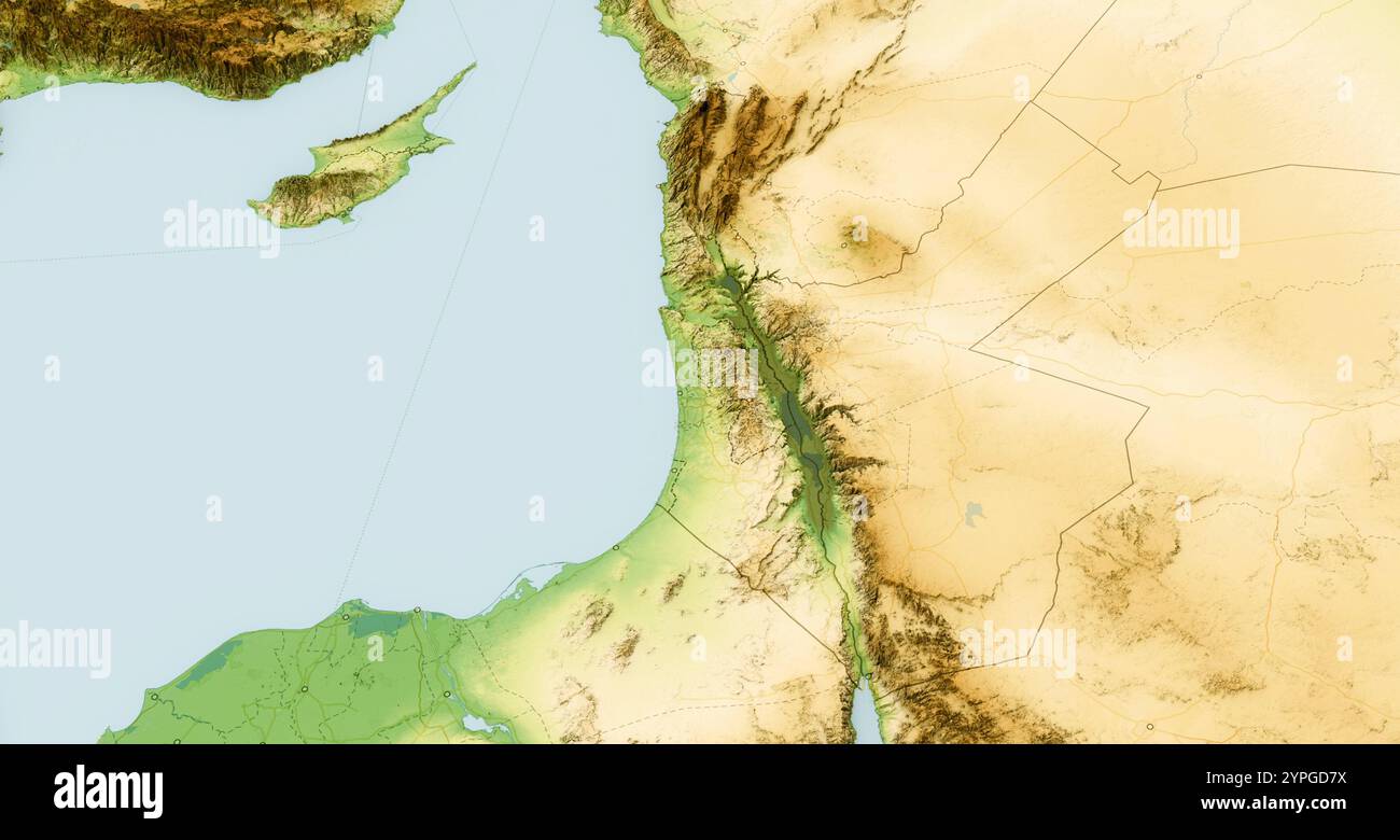 Carte physique du monde, vue satellite du moyen-Orient, Asie. Liban, Israël et Syrie. Reliefs et océans. rendu 3d. Banque D'Images