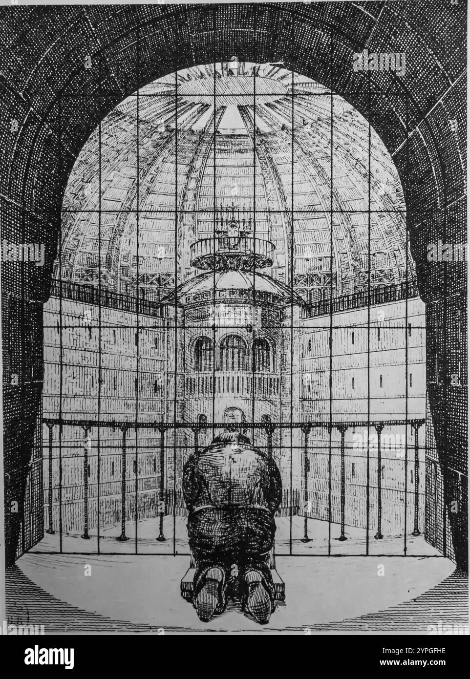 N Harou-Romain- Un prisonnier priant dans sa cellule panoptique - illustration du projet de Penitencier, 1840 Banque D'Images
