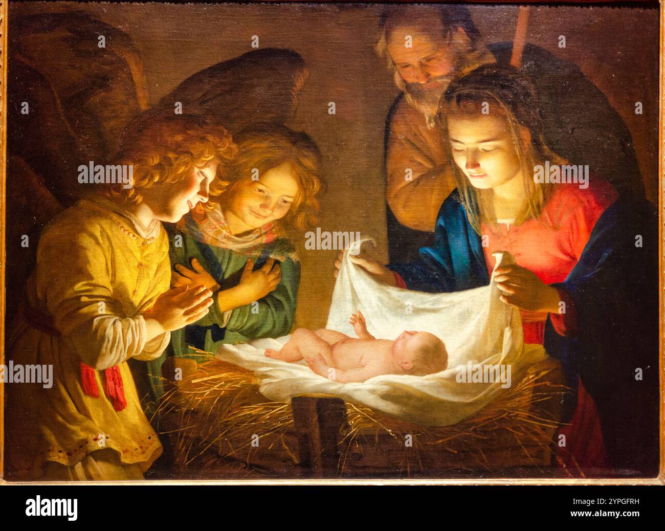 Florence, Italie ; 16 novembre 2024 : adoration de l'enfant Christ (Adorazione del Bambino), huile sur toile peinture de la Nativité par Gérard Honthorst Banque D'Images
