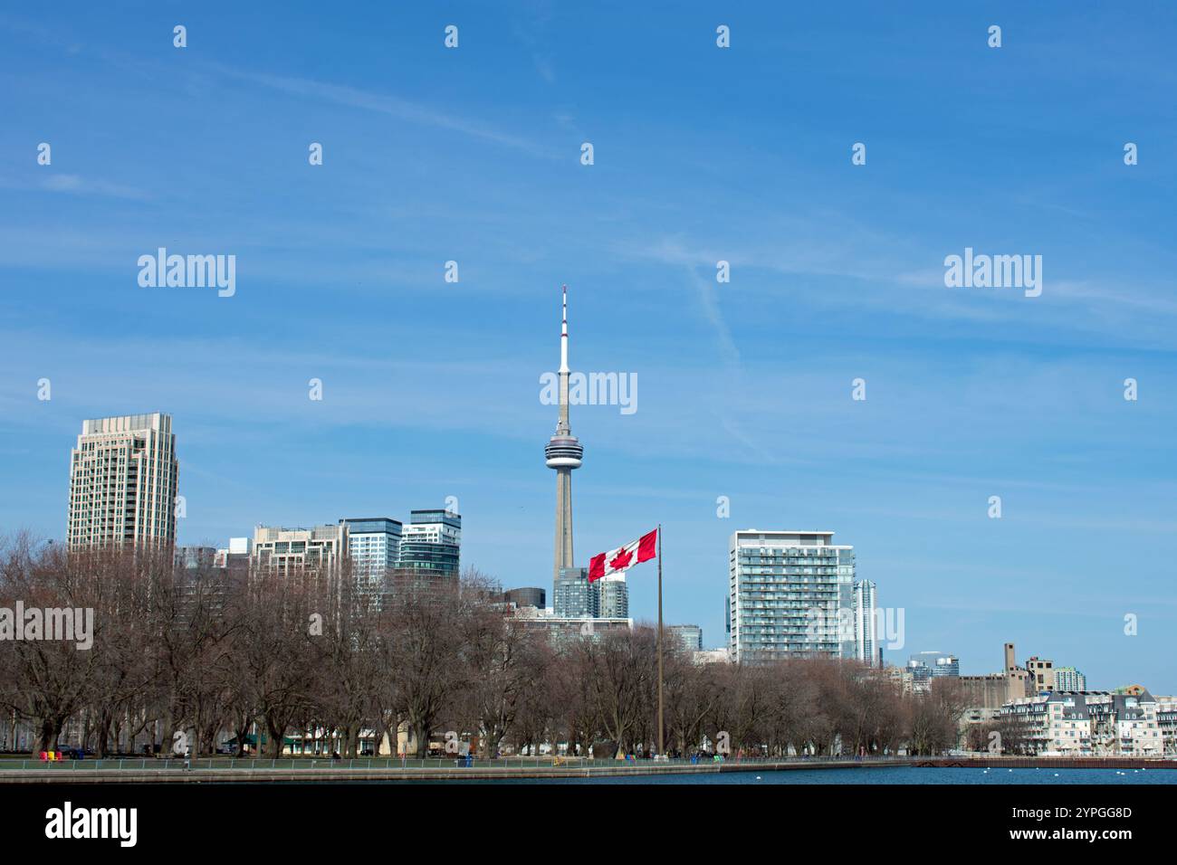 Centre-ville de Toronto et Tour CN du parc Trillium à Ontario place sur le lac Ontario. Drapeau canadien volant au premier plan. Banque D'Images