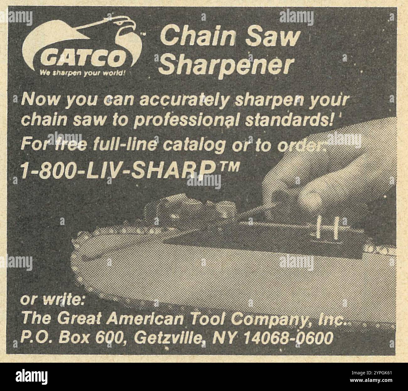 1989 CATCO affûteuse de scie à chaîne annonce - The Great American Tool Company Getzville NY Banque D'Images