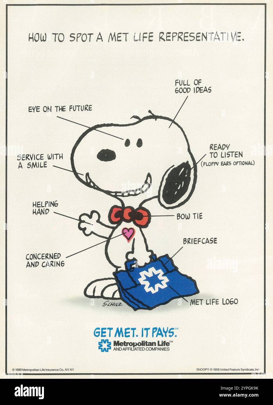 1989 annonce sur l'assurance-vie métropolitaine - Snoopy Peanuts Charles Schulz art Banque D'Images