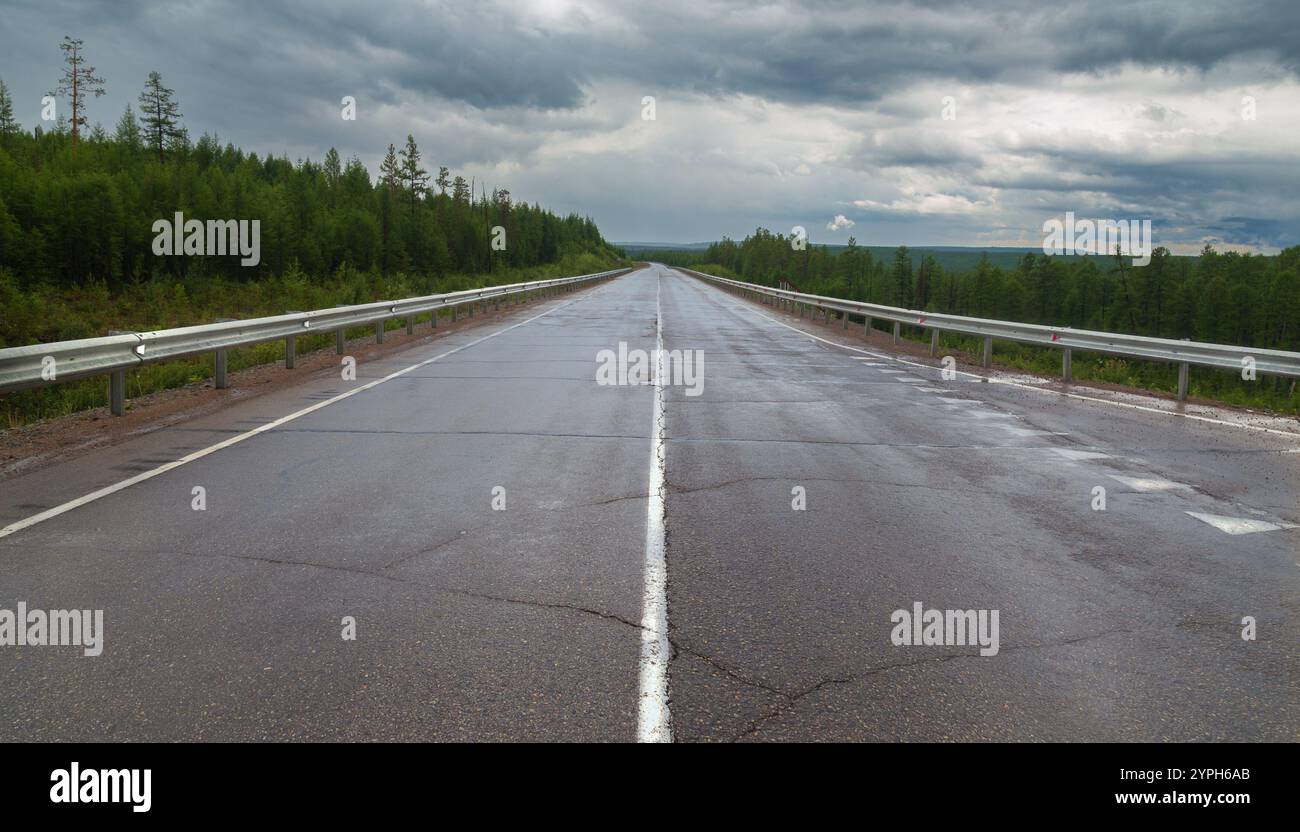 Route asphaltée dans la taïga de Yakut par temps nuageux après la pluie Banque D'Images