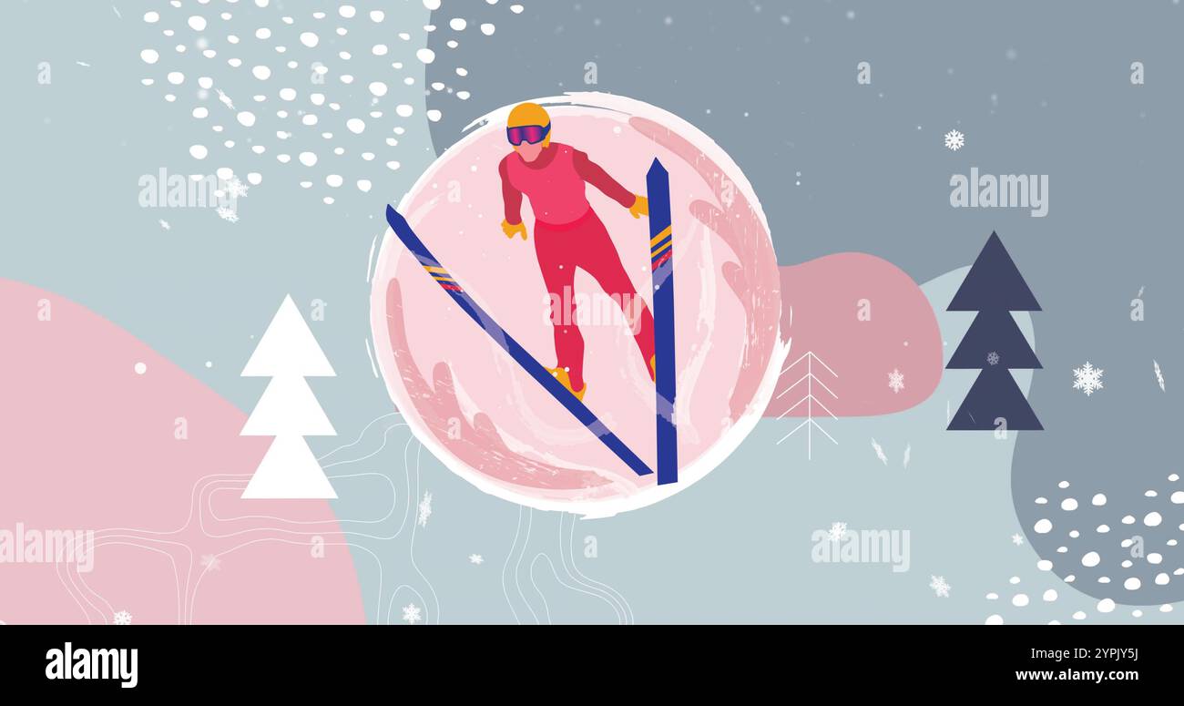 Image de neige tombant sur le sauteur à ski et paysage d'hiver de noël Banque D'Images