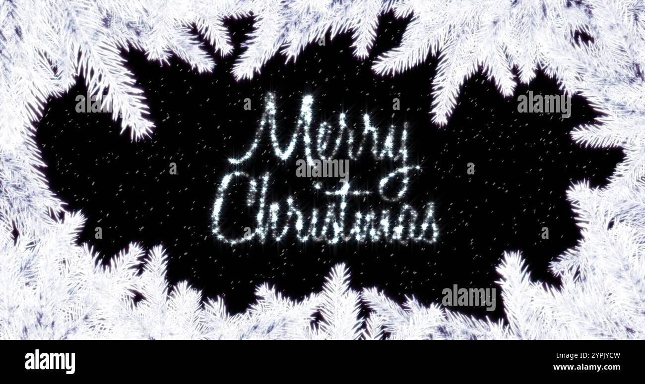 Image de neige tombant sur le joyeux texte de noël et branches de sapin Banque D'Images