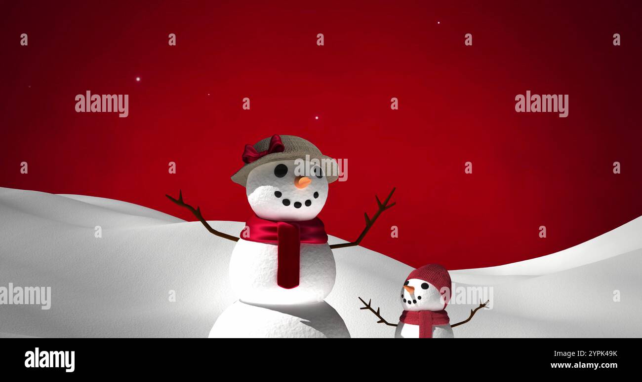 Deux bonhommes de neige se tiennent dans un paysage hivernal, avec un espace de copie Banque D'Images