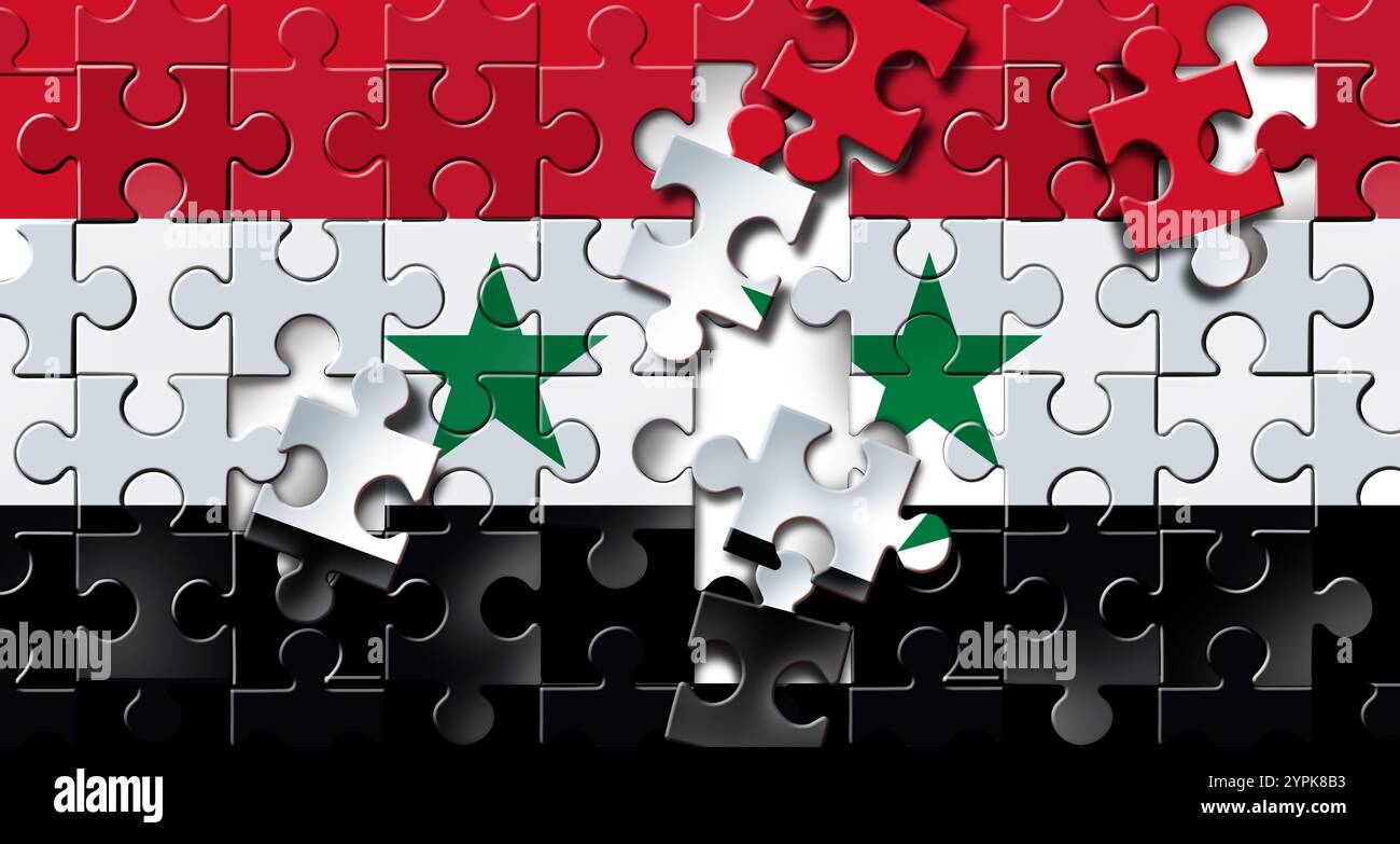 Chaos politique syrien et guerre civile comme un conflit au moyen-Orient à Damas Alep Homs et Lattaquié près de l'euphrate et les hauteurs du Golan comme un puz Banque D'Images