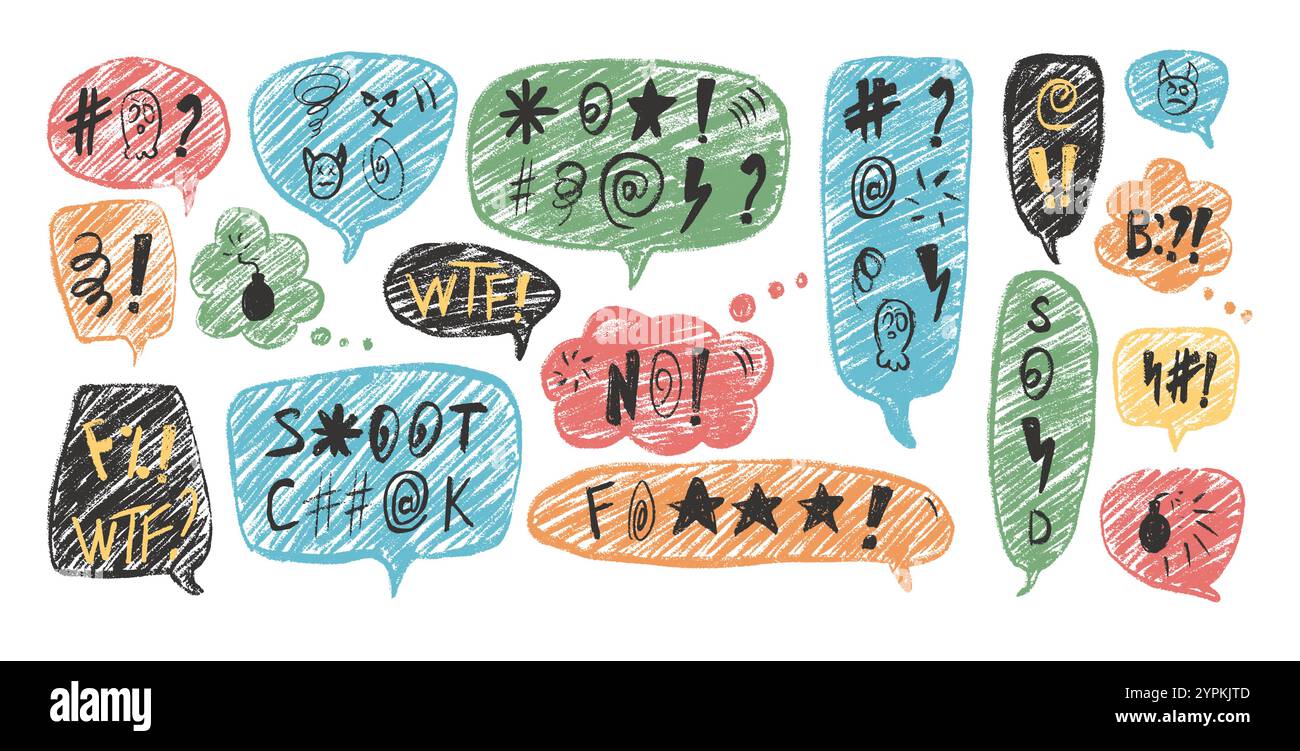 Émotion négative. Bulles de parole colorées avec des mots jurés. Curse crayon Doodle texte. Expression incorrecte dans les boîtes de dialogue de discussion. Jargon agressif isola Illustration de Vecteur