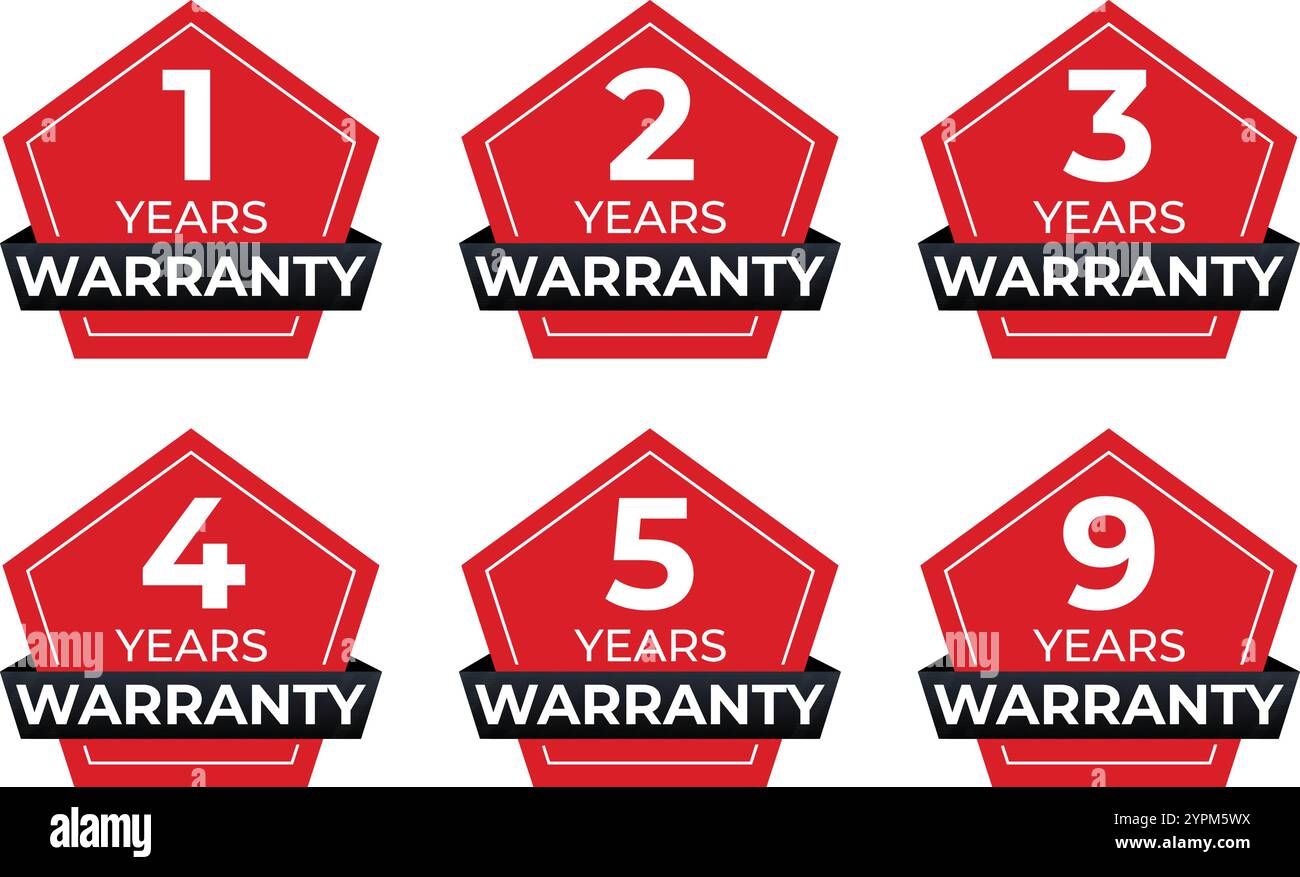 Jeu d'autocollants de garantie - 1, 2, 3, 4, 5, et 9 ans dans Red Hexagon Vector Design pour l'assurance qualité des produits Illustration de Vecteur