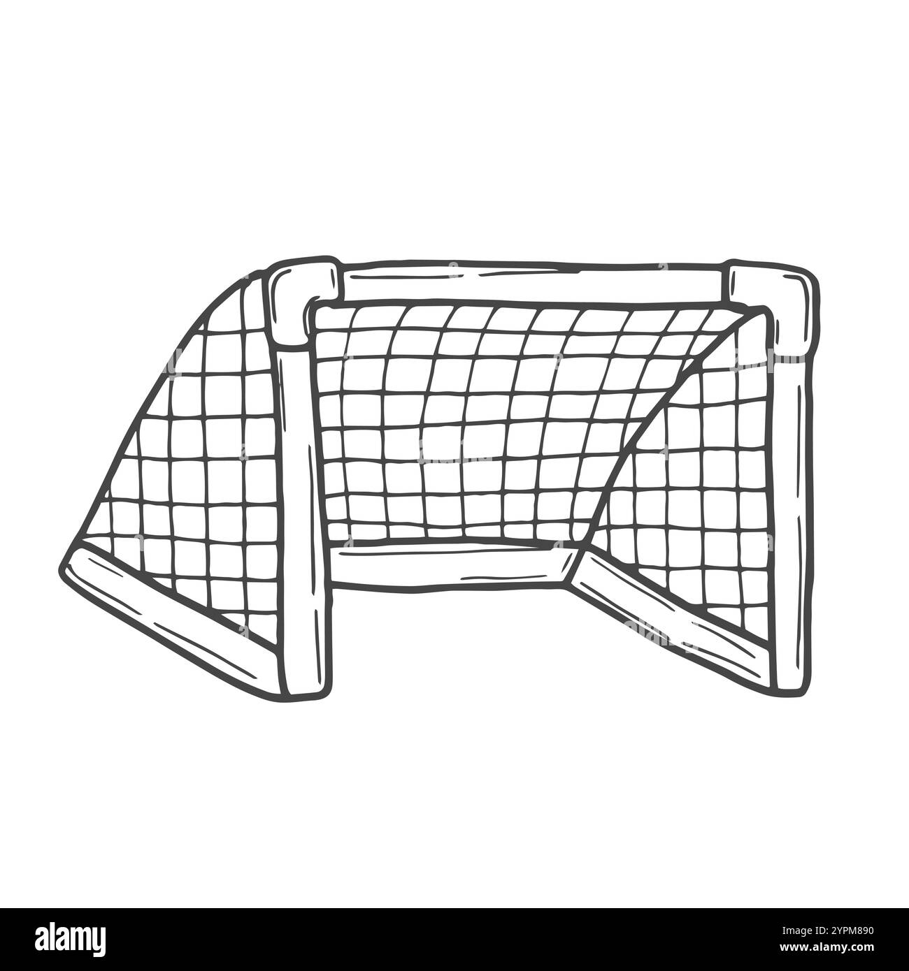 Grand poteau de but de ballon de pied athlétique sur un terrain d'herbe verte. Vecteur monochrome à main levée linéaire encre dessinée fond esquisse dans art gribouillage antique style stylo o Illustration de Vecteur