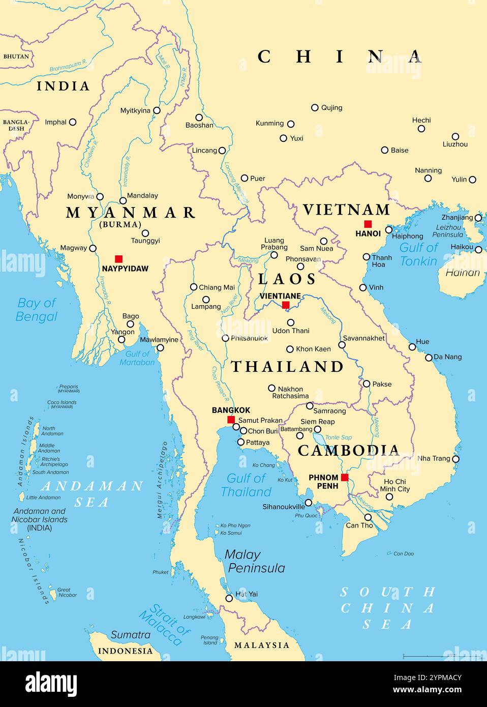 Asie du Sud-est continentale, partie nord de l'ancienne Indochine connue, carte politique. Les pays Thaïlande, Vietnam, Myanmar, Laos et Cambodge. Banque D'Images