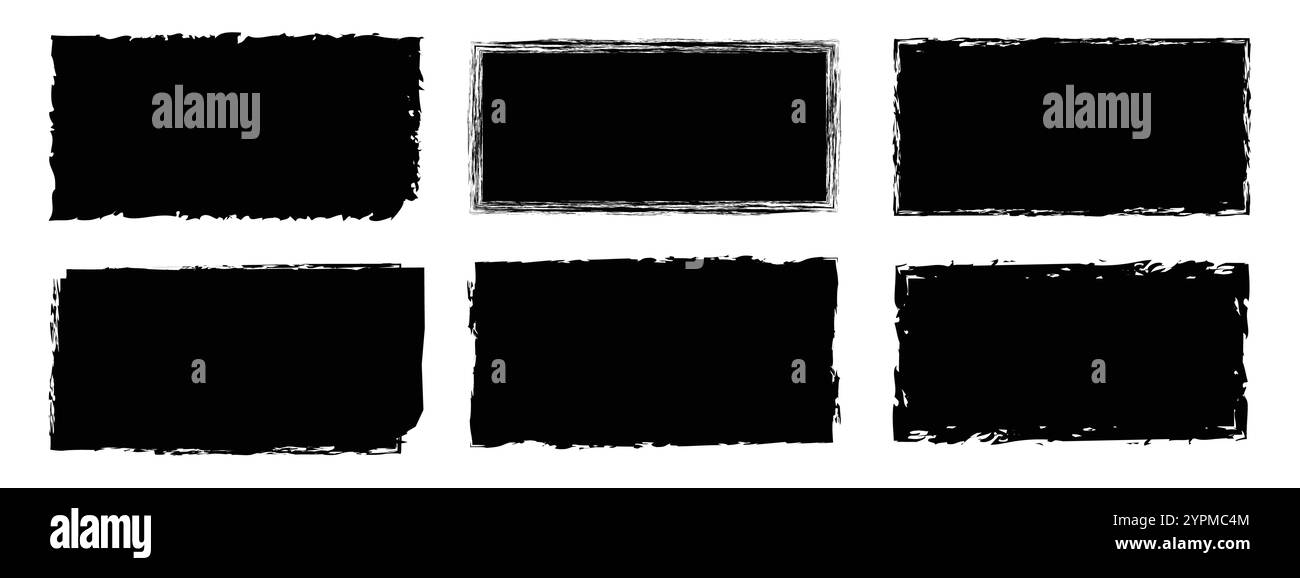 Coup de pinceau, pinceau à encre, lignes grunge. Formes rectangulaires noires avec bordures déchiquetées sur fond blanc. Boîtes de grunge vintage pour collage. Illustration de Vecteur