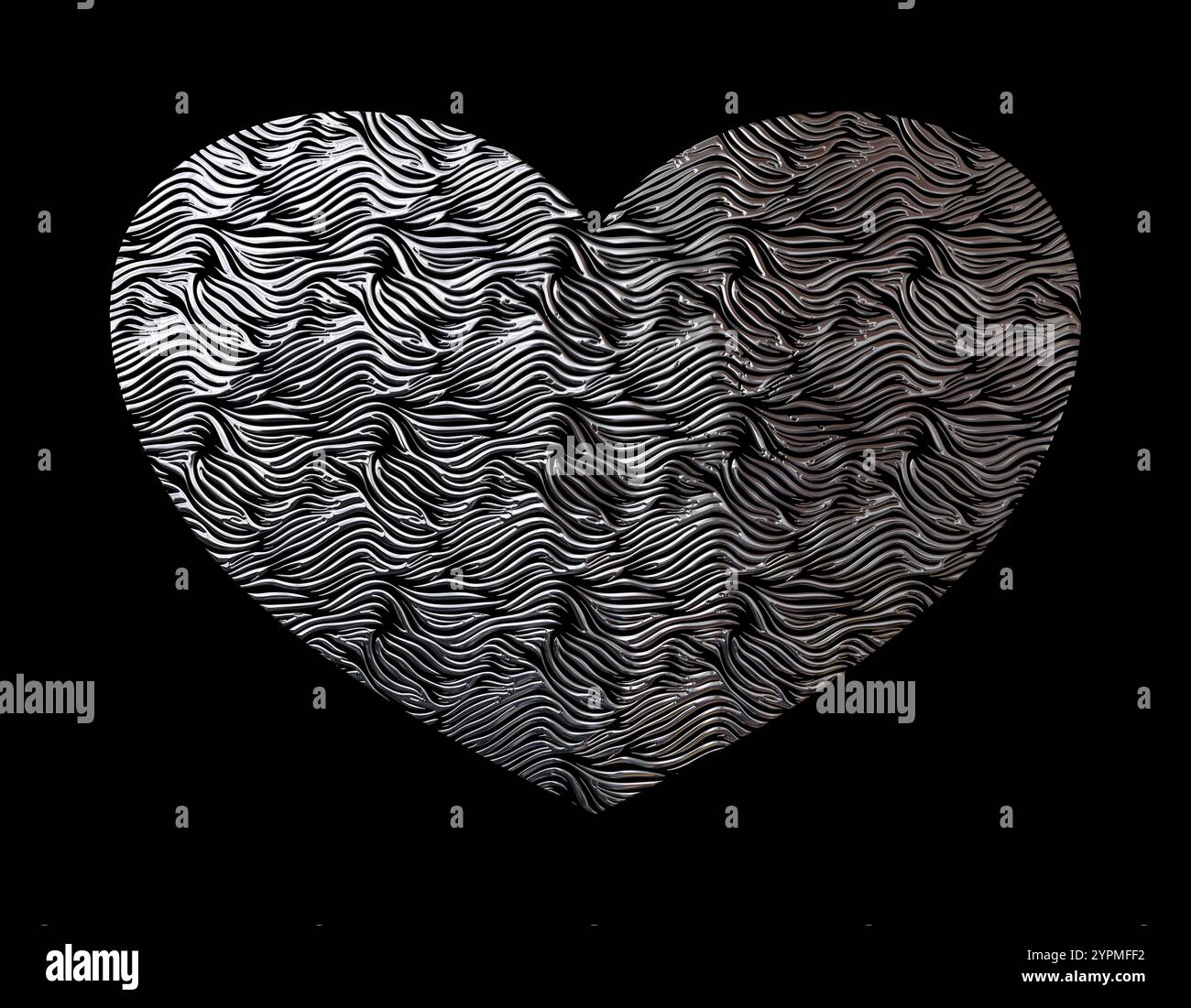 Coeur argenté métallique avec des vagues qui coulent créant un fond romantique, idéal pour la saint-valentin ou tout projet sur le thème de l'amour Banque D'Images