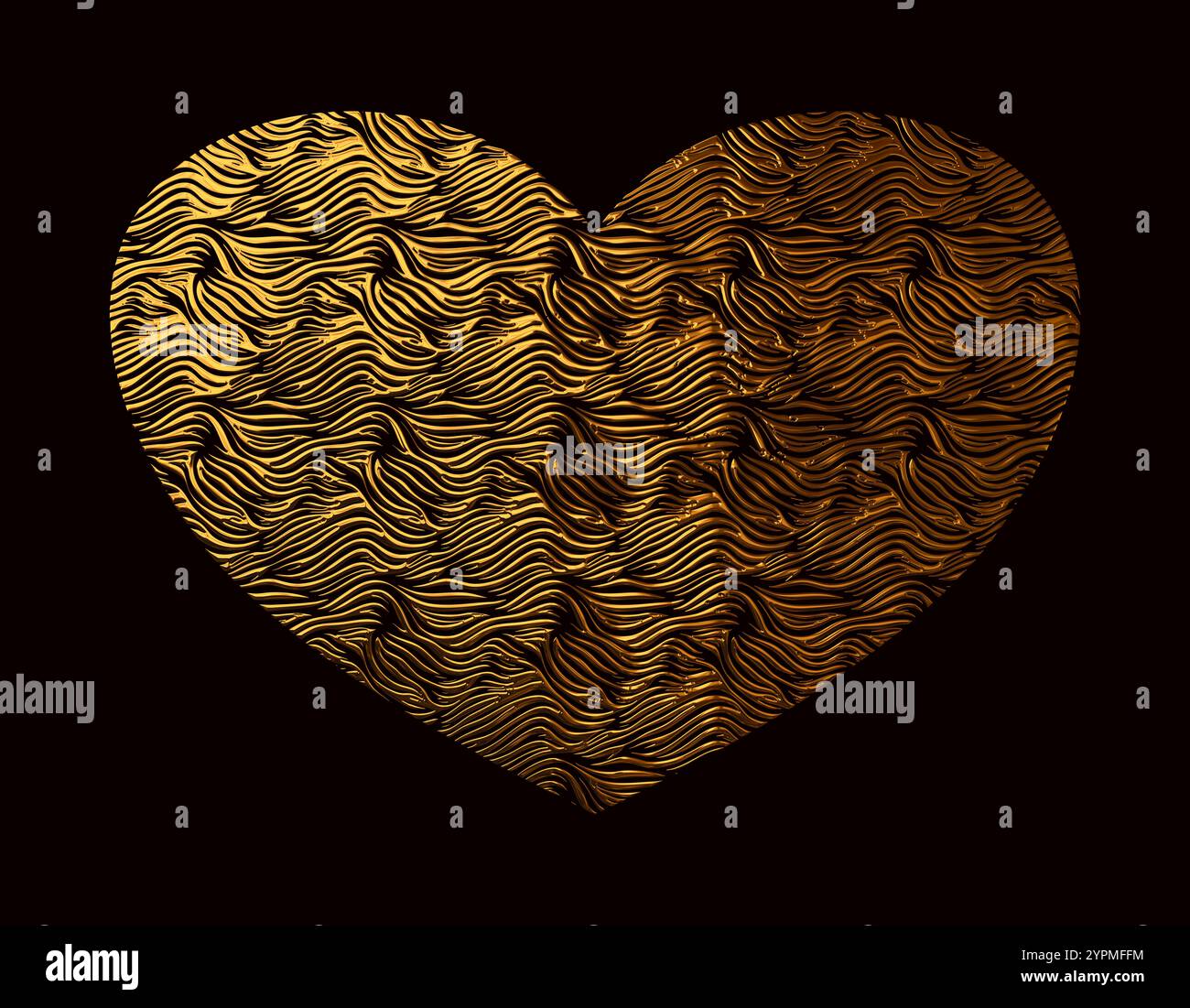 Coeur en or métallique avec des vagues qui coulent créant un fond romantique, idéal pour la saint-valentin ou tout projet sur le thème de l'amour Banque D'Images