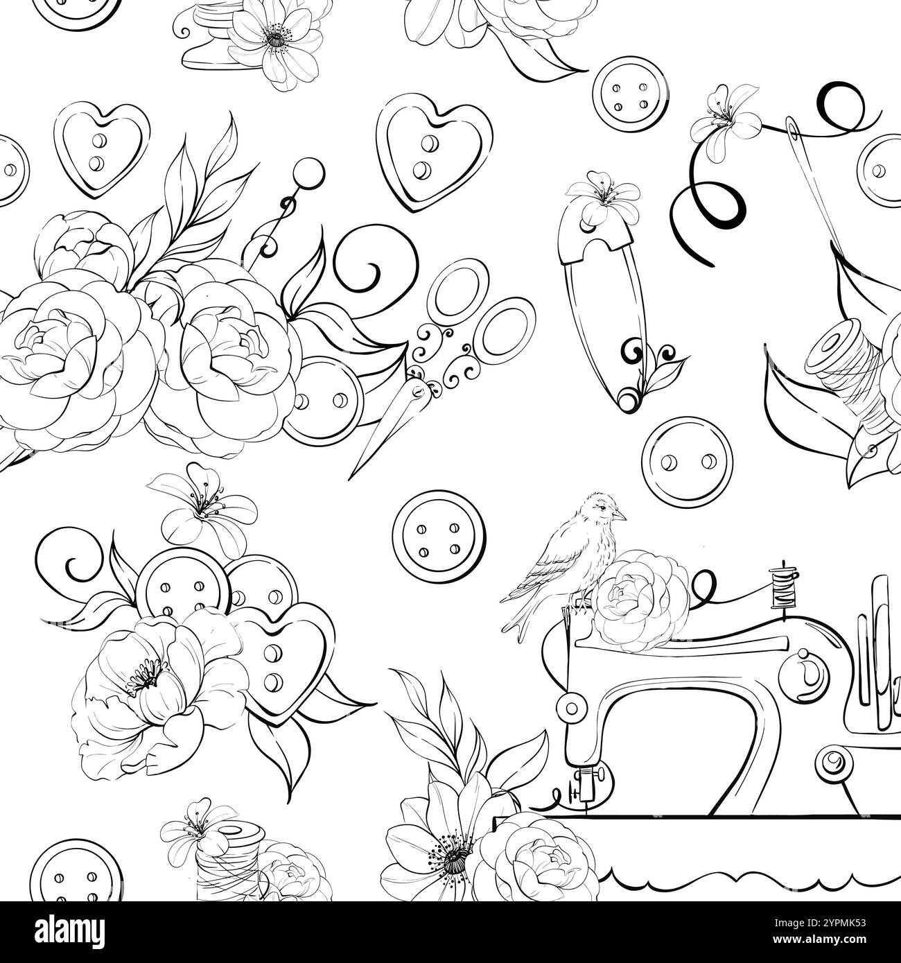 Machine à coudre vintage avec arrangement floral roses et anémone, oiseau. Outils rétro - ciseaux, boutons, aiguilles. Ancienne mode, couturière sans couture Illustration de Vecteur