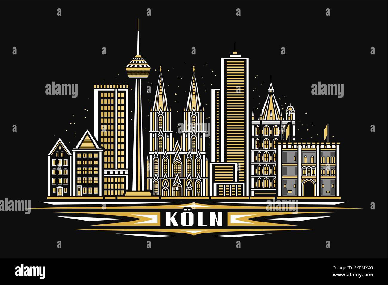 Illustration vectorielle de Koln, carte horizontale sombre avec design linéaire célèbre paysage de ville historique de koln sur fond de ciel nocturne, lin urbain européen Illustration de Vecteur