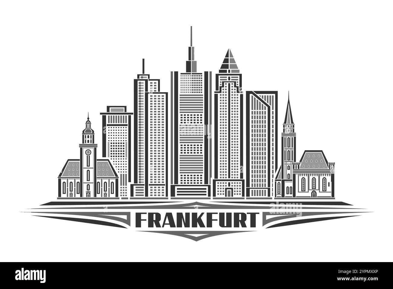 Illustration vectorielle de Francfort, carte horizontale monochrome avec design linéaire paysage de la ville de francfort, concept d'art urbain européen avec Lett unique Illustration de Vecteur