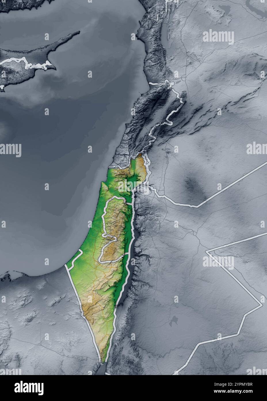 Carte physique d'Israël, vue satellite du moyen-Orient, Liban, Syrie. Asie. Reliefs et océans. rendu 3d. NASA Elements Banque D'Images