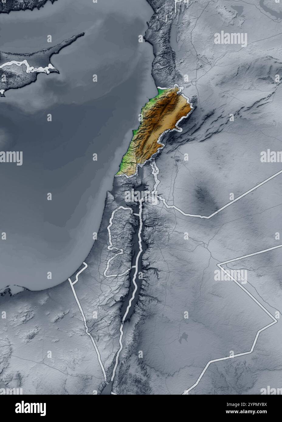 Carte physique du Liban, vue satellite du moyen-Orient, Syrie, Israël. Asie. Reliefs et océans. rendu 3d. NASA Elements Banque D'Images