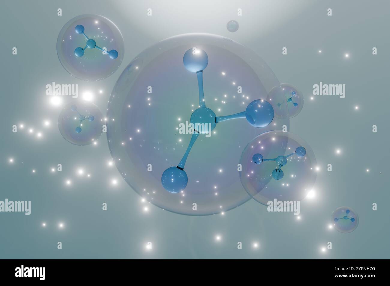 Représentation abstraite de molécules avec des éléments brillants, mettant en valeur des thèmes scientifiques. rendu 3d. Banque D'Images