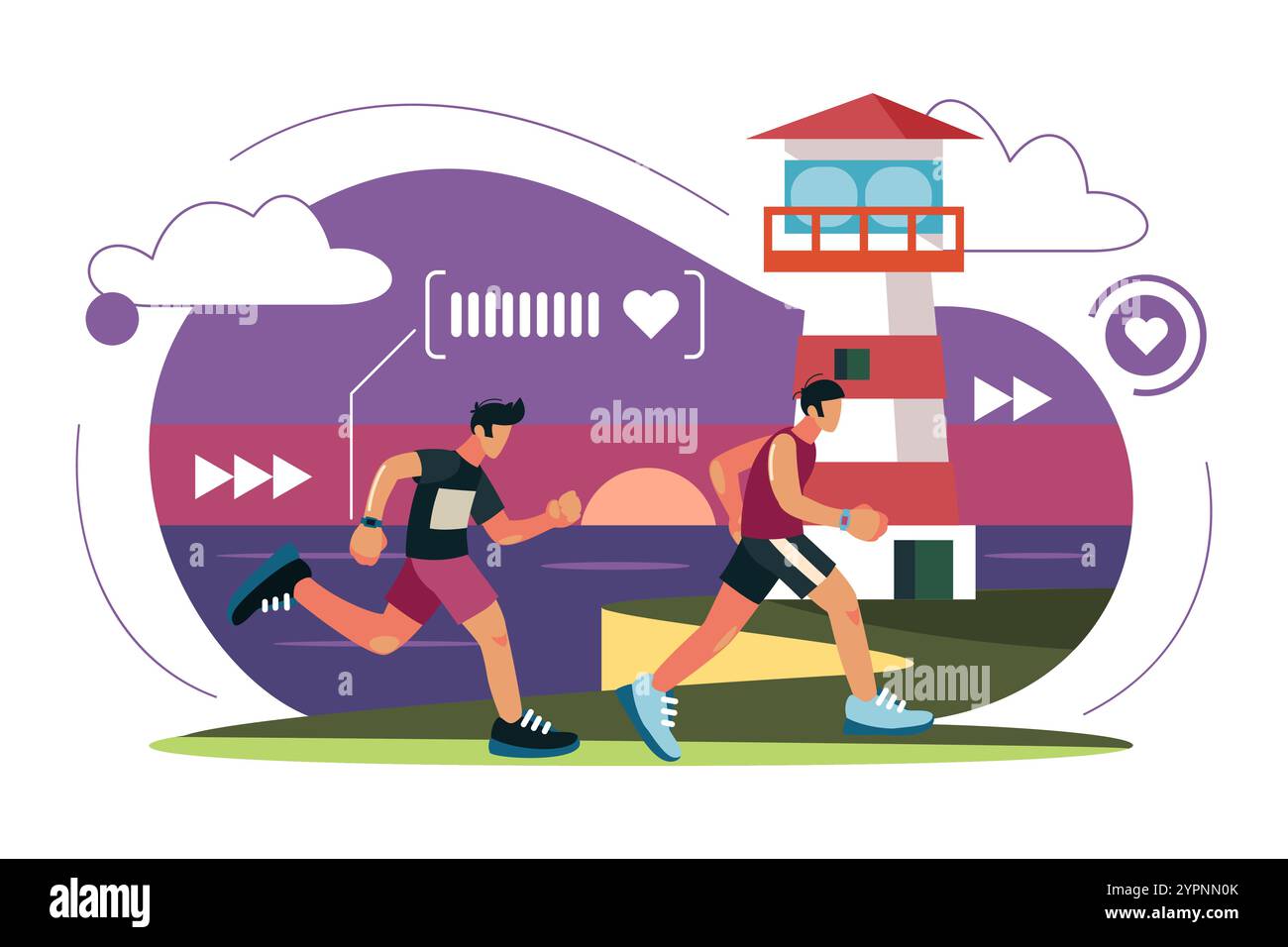 Caractères courants. Athlètes en uniforme de sport, marathon de ville. Compétition sportive, jogging hommes. Coureurs sportifs. Fond de mode de vie sain. Vecteur Illustration de Vecteur