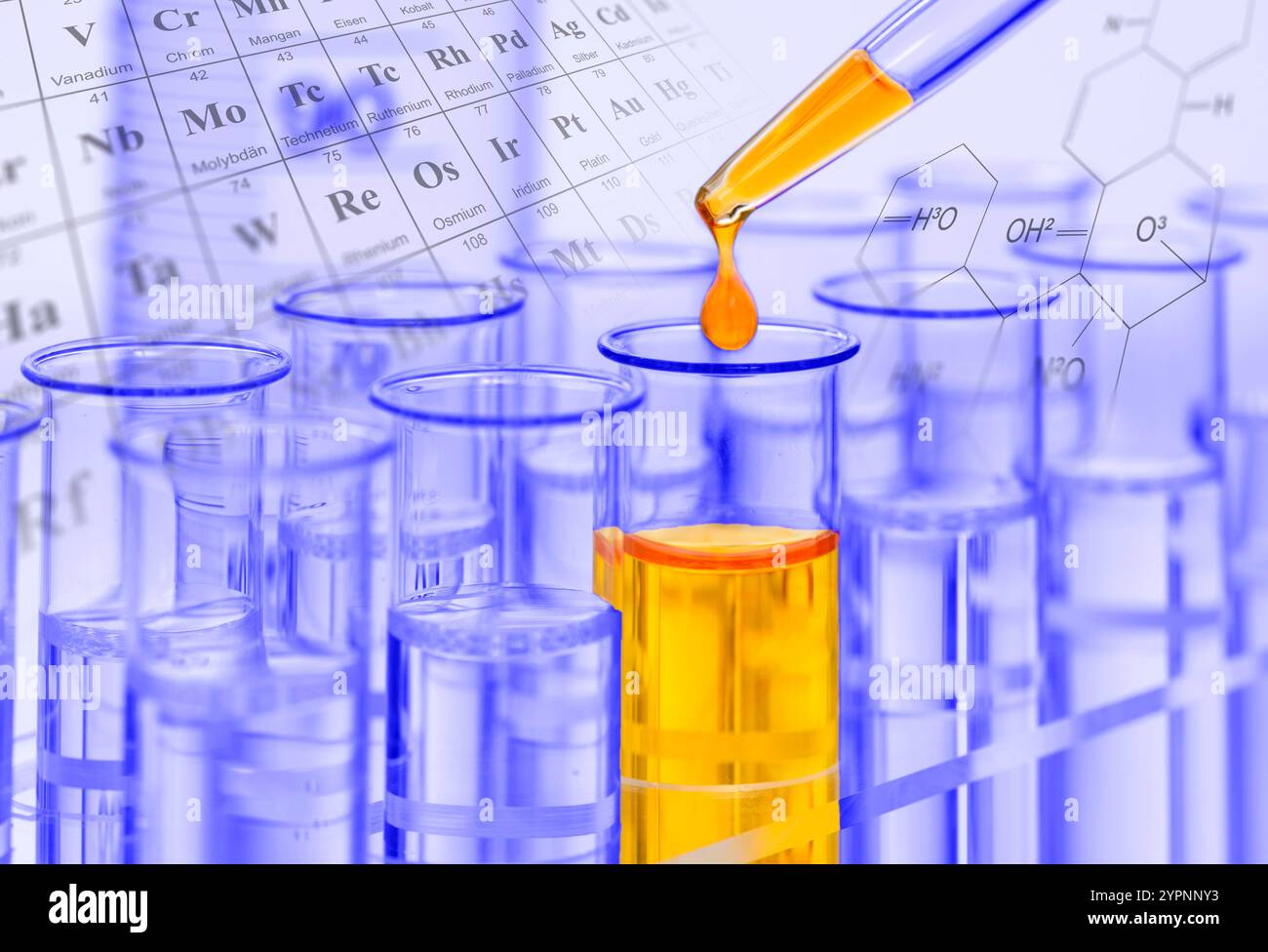 Experiment im Chemielabor Ein Experiment im Chemielabor mit einer gelben Flüssigkeit in Reagenzgläser - Symbolbild - FOTOMONTAGE *** Experiment in the Banque D'Images