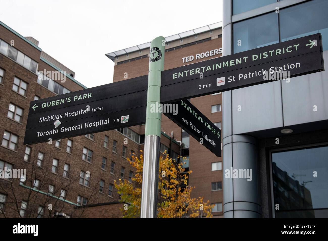 Panneau indiquant Queen's Park, quartier des divertissements et rue Yonge sur University Avenue au centre-ville de Toronto, Ontario, Canada Banque D'Images