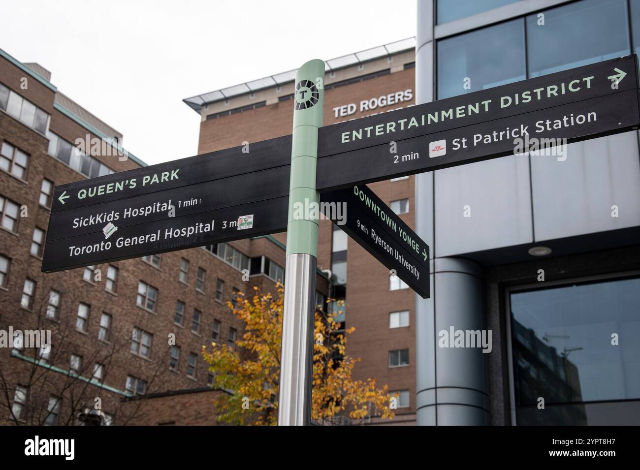 Panneau indiquant Queen's Park, quartier des divertissements et rue Yonge sur University Avenue au centre-ville de Toronto, Ontario, Canada Banque D'Images