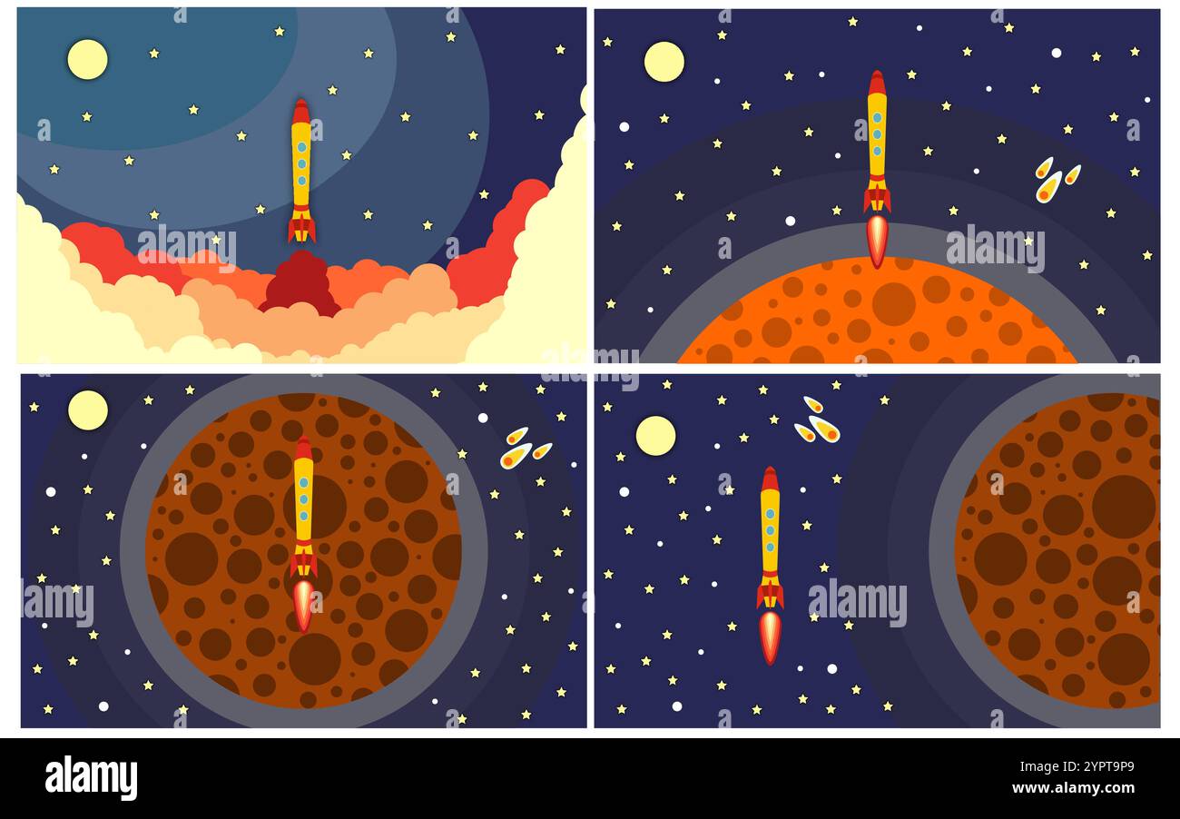 Ensemble de quatre illustrations vectorielles avec fusée volante. Voyage spatial. Illustration de Vecteur