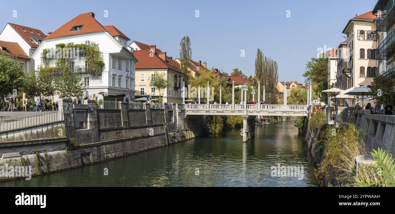 Barges sur la rivière Ljubljanica, Ribja brv, Ljubljana, Slovénie, Europe centrale, Europe Banque D'Images