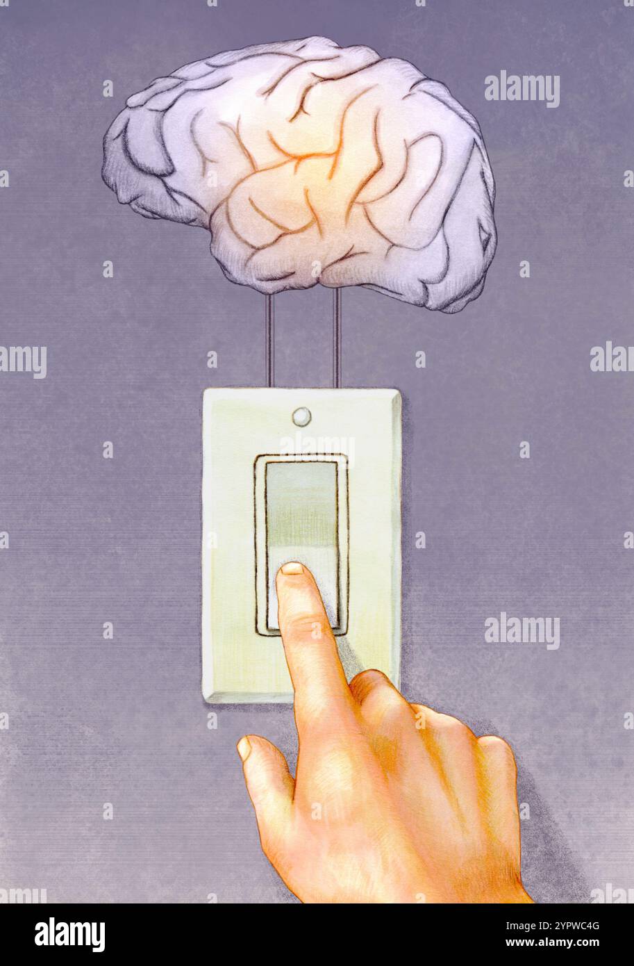 Interrupteur d'éclairage utilisé pour allumer un cerveau humain. Illustration traditionnelle sur papier, ma propre œuvre. Banque D'Images