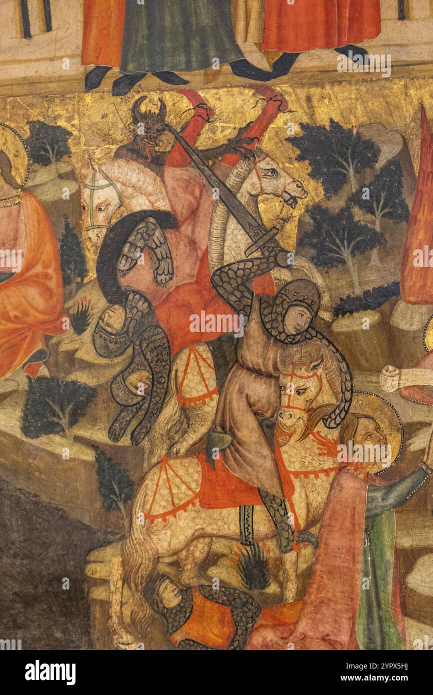 Guerriers et diable, retable de Santa Quiteria, Joan Loert, vers 1300, tempera sur panneau, Hôpital de Sant Antoni, Palma, mortier de chaux et loa inerte Banque D'Images