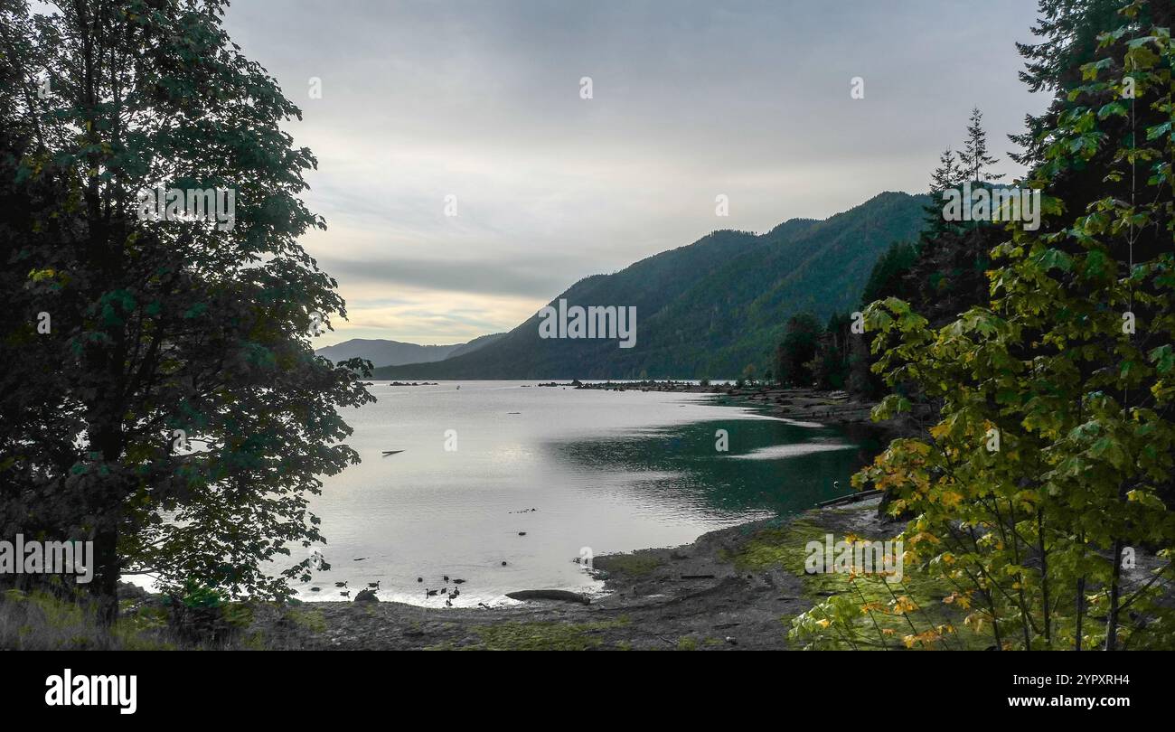 Lumière tôt le matin sur le lac Cushman avec les montagnes olympiques en arrière-plan Banque D'Images