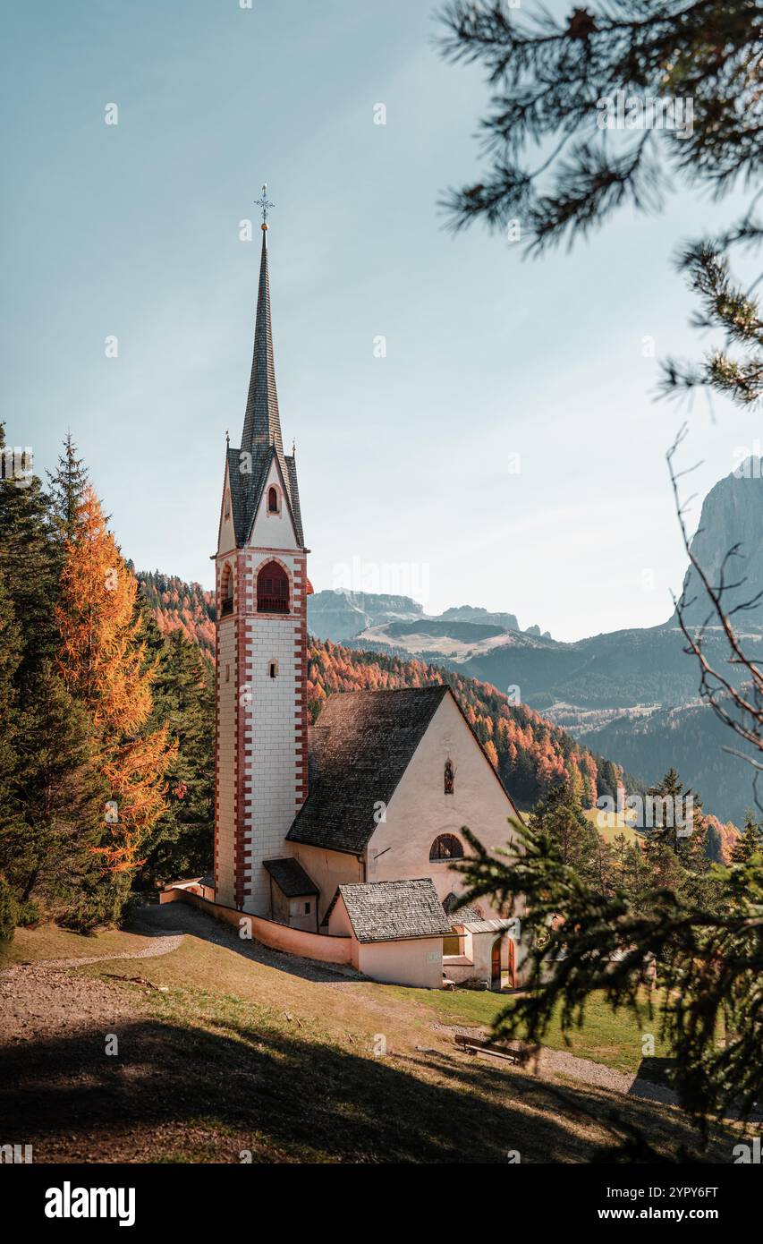 Charmante chapelle alpine dans une prairie de montagne entourée de pins et de montatines dolomitiques par une journée ensoleillée Banque D'Images