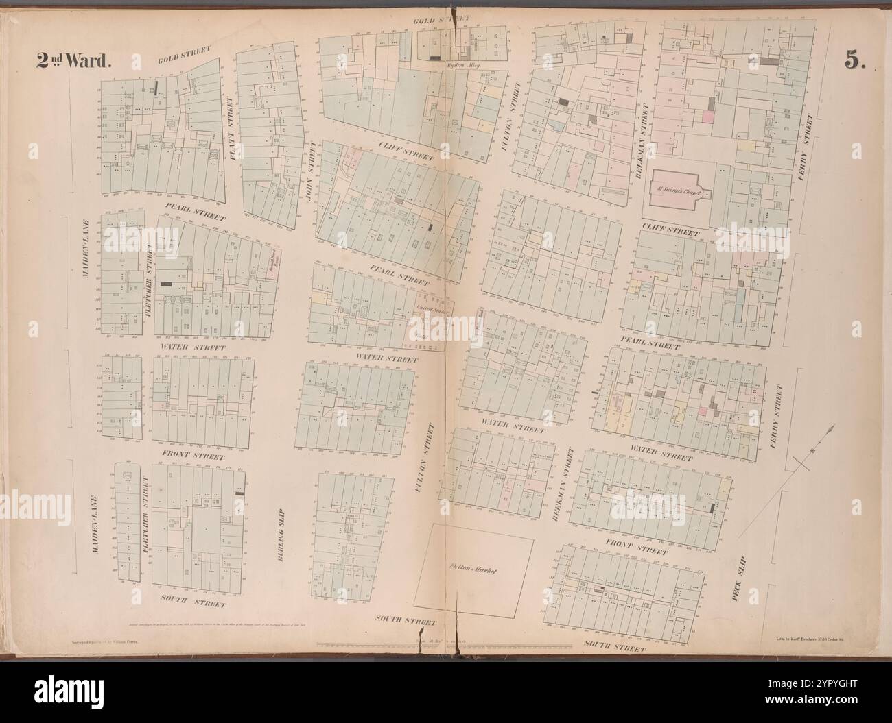 Carte délimitée par Gold Street, Ferry Street, Peck Slip, South Street, Maiden Lane, planche 5 1852 par Perris, William Banque D'Images