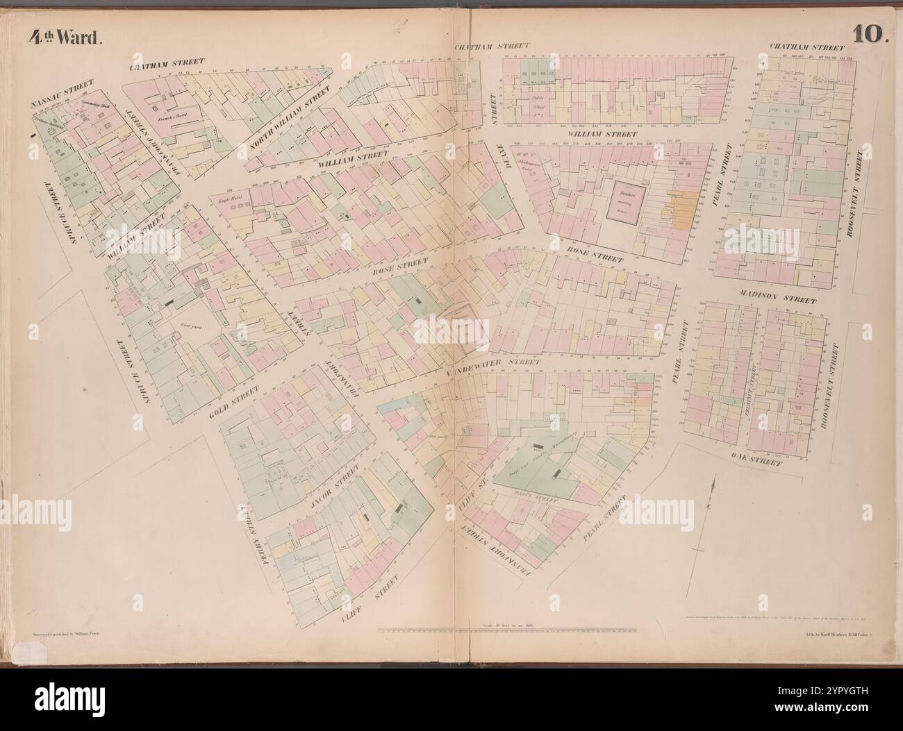 Carte délimitée par Nassau Street, Roosevelt Street, Oak Street, Oak Street, Pearl Street, Frankfort Street, Cliff Street, Ferry Street, Spruce Street, planche 10 1852 par Perris, William Banque D'Images