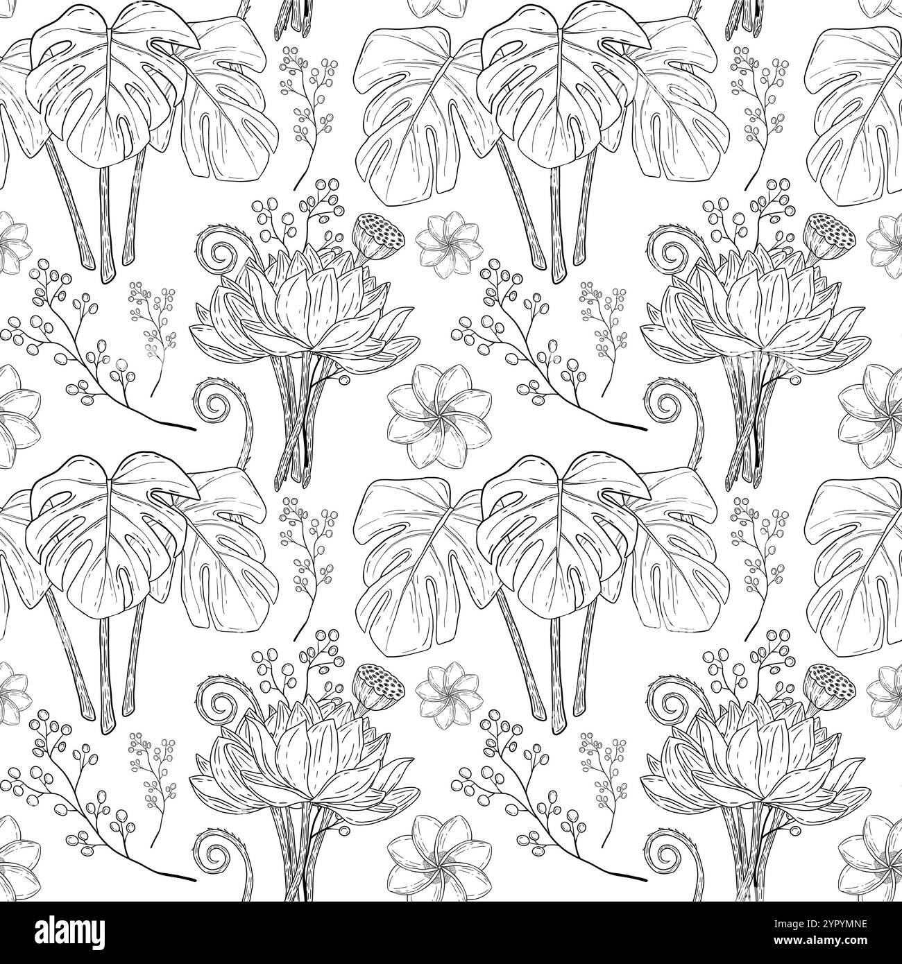 Il s'agit d'un élégant motif botanique dessiné à la main qui met en valeur magnifiquement les fleurs de lotus avec leurs feuilles. Conception graphique sans couture pour l'impression sur papier et tissu. Banque D'Images