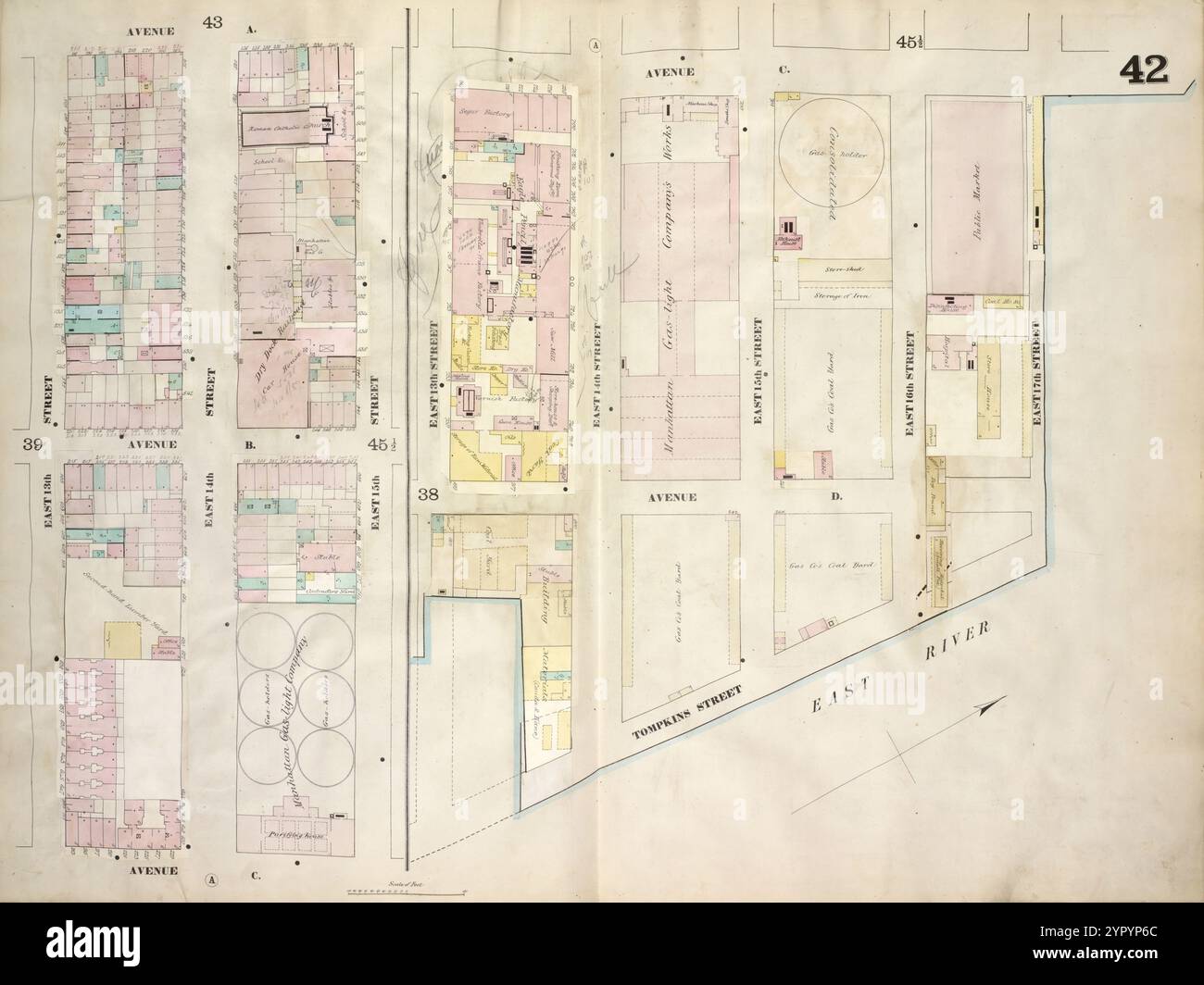 Carte délimitée par l'avenue A, East 15th Street, Avenue C, East 13th Street ; incluant East 14th Street ; carte délimitée par l'avenue C, East River, East 13th Street ; incluant l'avenue d, Tompkins Street, East 14th Street, East 15th Street, East 16th Street, planche 42 1868 Banque D'Images