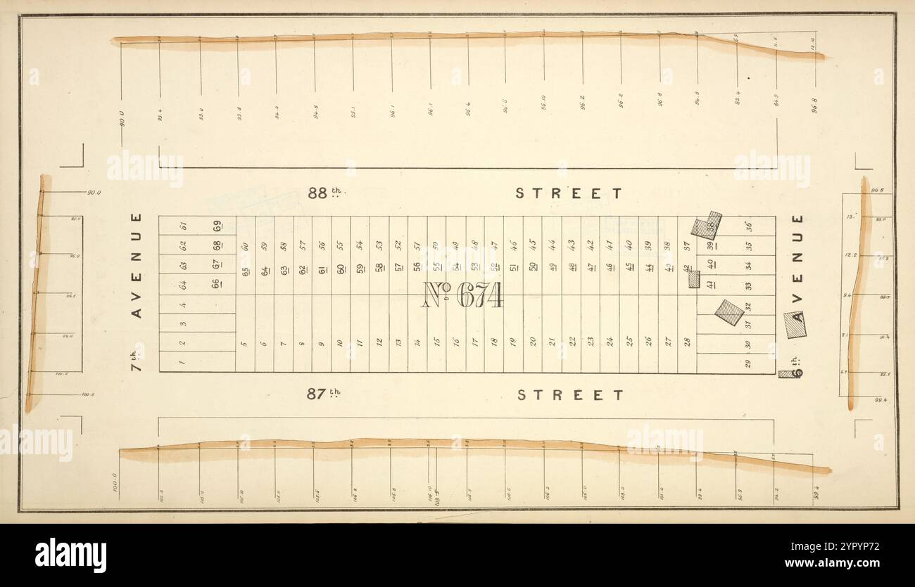 Bloc no 674 carte délimitée par la 88e rue, la 6e avenue, la 87e rue, la 7e avenue 1853 par New York (N.Y.). Le département de l'aqueduc de Croton Banque D'Images