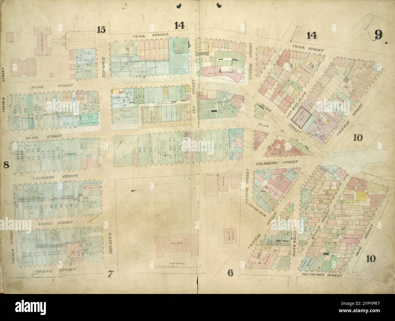 Planche 9 : carte délimitée par Pearl Street, Chatham Street, Chambers Street, Rose Street, Frankfort Street, Murray Street, Church Street ; y compris Duane Street, City - Hall place, Reade Street, Warren Street, Broadway, Elm Street, centre Street, Tryon Row, North William, William Street Banque D'Images