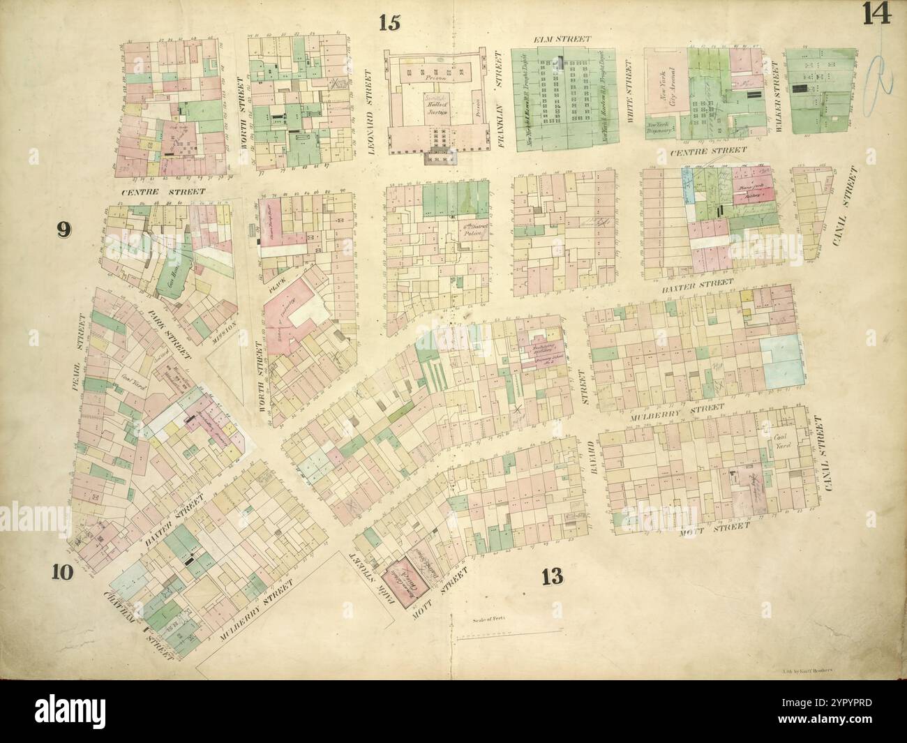 Planche 14 : carte délimitée par Elm Street, canal Street, Mott Street, Park Street, Mulberry Street, Chatham Street, Pearl Street ; y compris Centre Street, Park Street, Mission place, Baxter Street, Mulberry Street, Worth Street, Leonard Street, Franklin Street, White Street, Bayard Street, Walker Street Banque D'Images