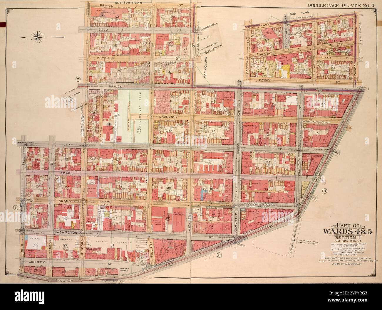 Brooklyn, vol. 1, double page plate No. 3 ; part of Wards 4 & 5, section 1 ; [Map Bounded by Prince réunies, Johnson préparées, Bridge préparées, Fulton préparées ; Including High réunies, Jay., Concord constitué] ; Sub Plan ; [Map Bounded by Concord réunis, Navy réunis, Pork Ave., Hudson Ave. ; y compris Prince réunis, Johnson –, Fleet PL., Tillary préparé] 1903 - 1907 par E.B. Hyde & Co. Banque D'Images