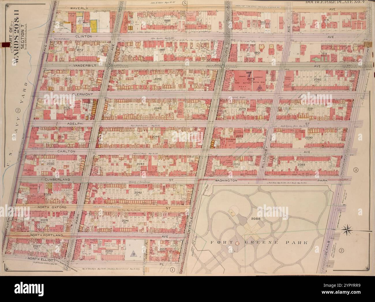 Brooklyn, vol. 2, plaque double page no 4 ; partie des quartiers 20 et 11, section 7 ; [carte bornée par Waverly Ave., de Kalb Ave. ; y compris North Elliott PL., Flushing Ave.] 1904 - 1912 par E.B. Hyde & Co. Banque D'Images