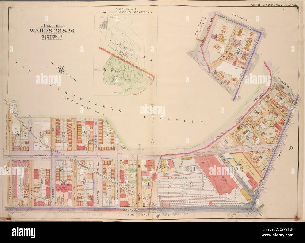 Brooklyn, vol. 3, double page plate No. 32 ; part of Wards 28 & 26, section 11 ; [Map Bounded by Highland Blvd., Vermont] ; Including Jamaica Ave. (Norman PL.), Broadway, Granite] ; Sub Plan No. 1 ; [Map Bounded by Highland Blvd., Miller Ave., Jamaica Ave. ; Including Vermont, Sunnyside Ave.]; Sub Plan No. 2 ; Evergreens Cemetery ; [Map Bounded by Cypress Ave., Vermont réunies, Highland Blvd., Bushwick Ave. ; Including Granite central Ave., Boundary Line of Borough of Brooklyn and Queens] 1904 - 1912 par E.B. Hyde & Co. Banque D'Images