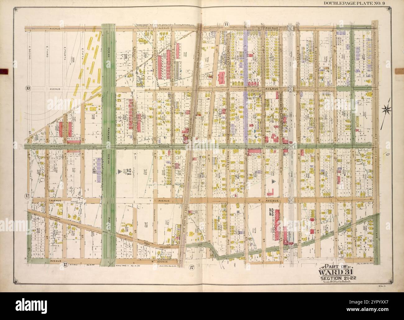 Brooklyn, vol. 3, double page plate No. 9 ; part of Ward 31, section 21-22 ; [Map Bounded by Avenue S., Ocean Ave. ; Including Avenue W, E. 2nd] 1916 - 1920 by E.B. Hyde & Co. Banque D'Images